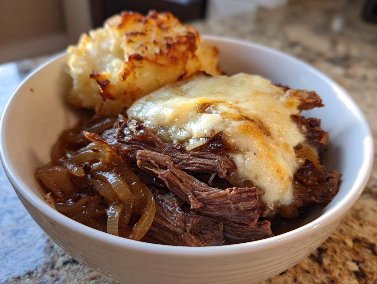 A bowl containing shredded beef, caramelized onions, melted cheese, and mashed potatoes, representing the Irresistible Savory French Onion Pot Roast Recipe.