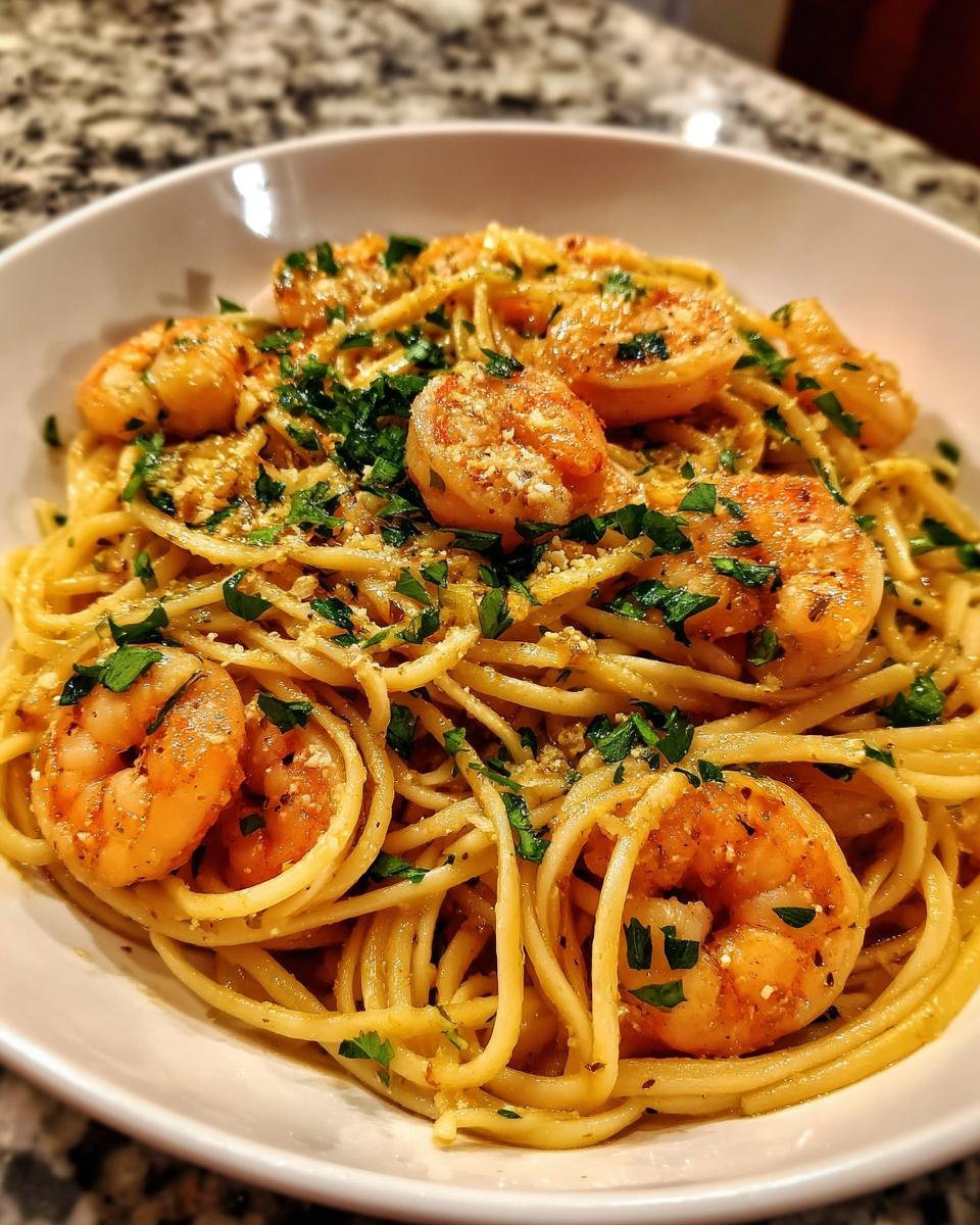 A close-up of Irresistible Shrimp Scampi Linguine tossed in garlic butter sauce and topped with fresh parsley.