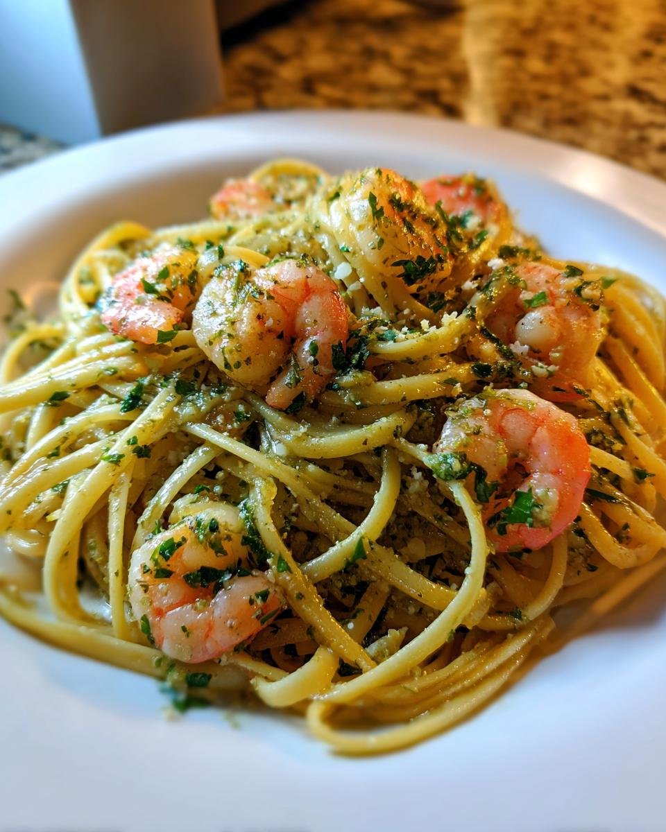A close-up shot of Irresistible Shrimp Scampi Linguine tossed in a garlic butter sauce and topped with parsley.