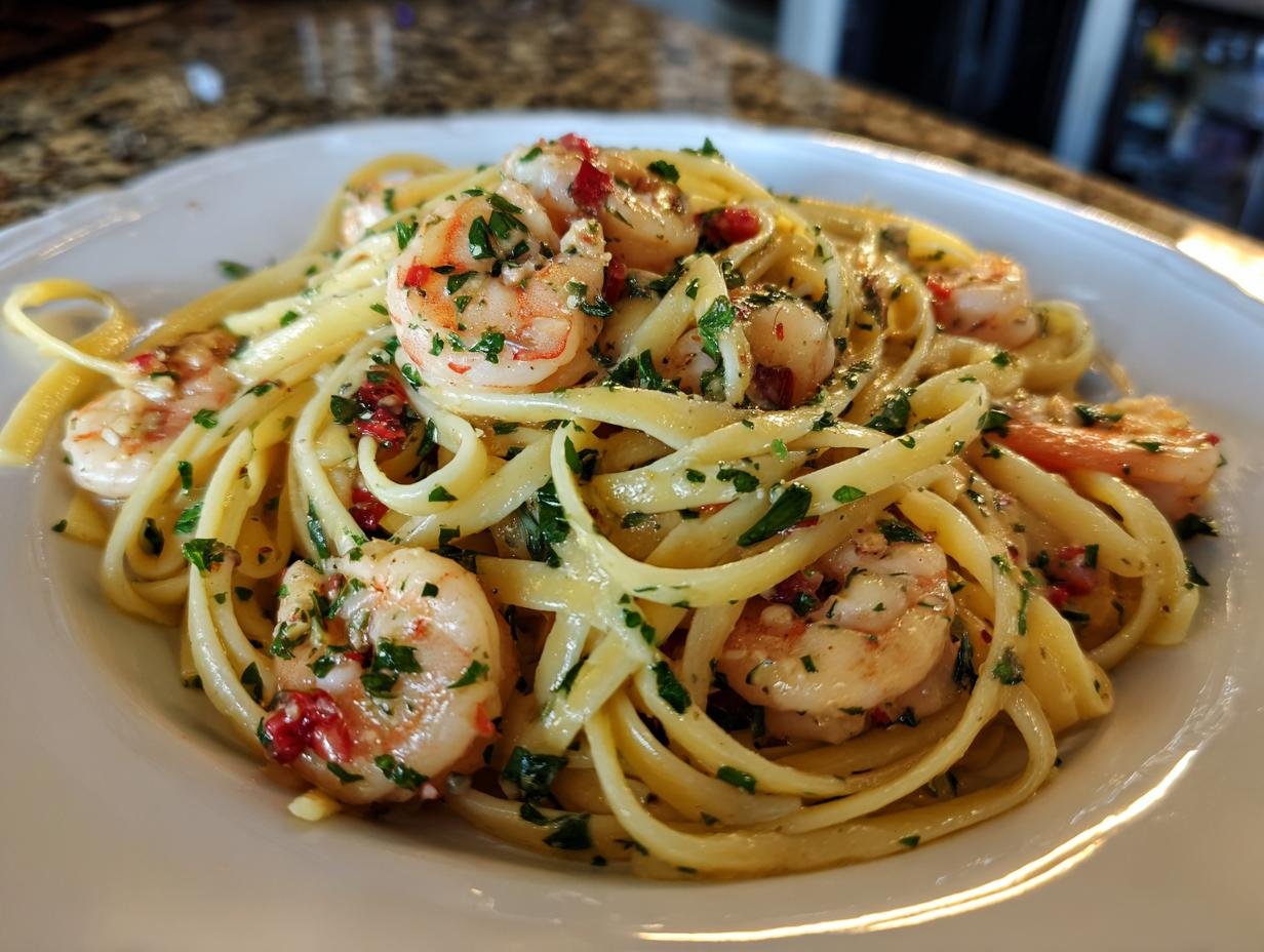Close-up of Irresistible Shrimp Scampi Linguine tossed in garlic butter sauce and fresh parsley.