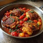 Four crispy Irresistible Skillet Chicken Thighs simmering in a rich cherry tomato sauce with fresh basil.