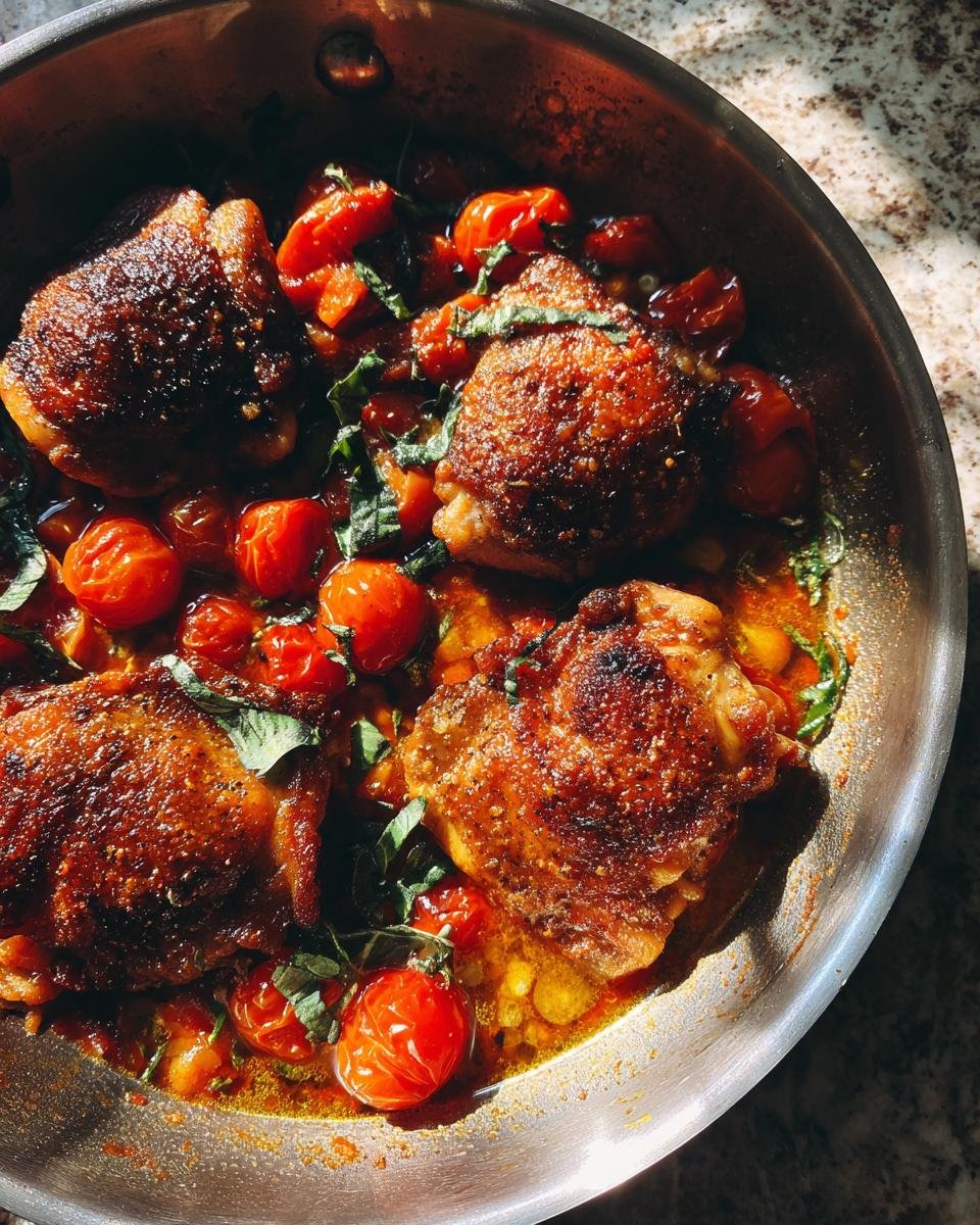 Three perfectly seared Irresistible Skillet Chicken Thighs with burst cherry tomatoes and fresh basil in a stainless steel pan.