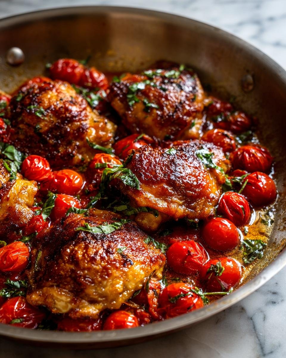 Close-up of Irresistible Skillet Chicken Thighs with crispy skin simmering in a rich cherry tomato sauce.