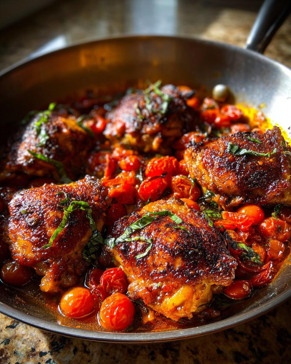 Four crispy, browned Irresistible Skillet Chicken Thighs served in a rich cherry tomato sauce, garnished with fresh basil.