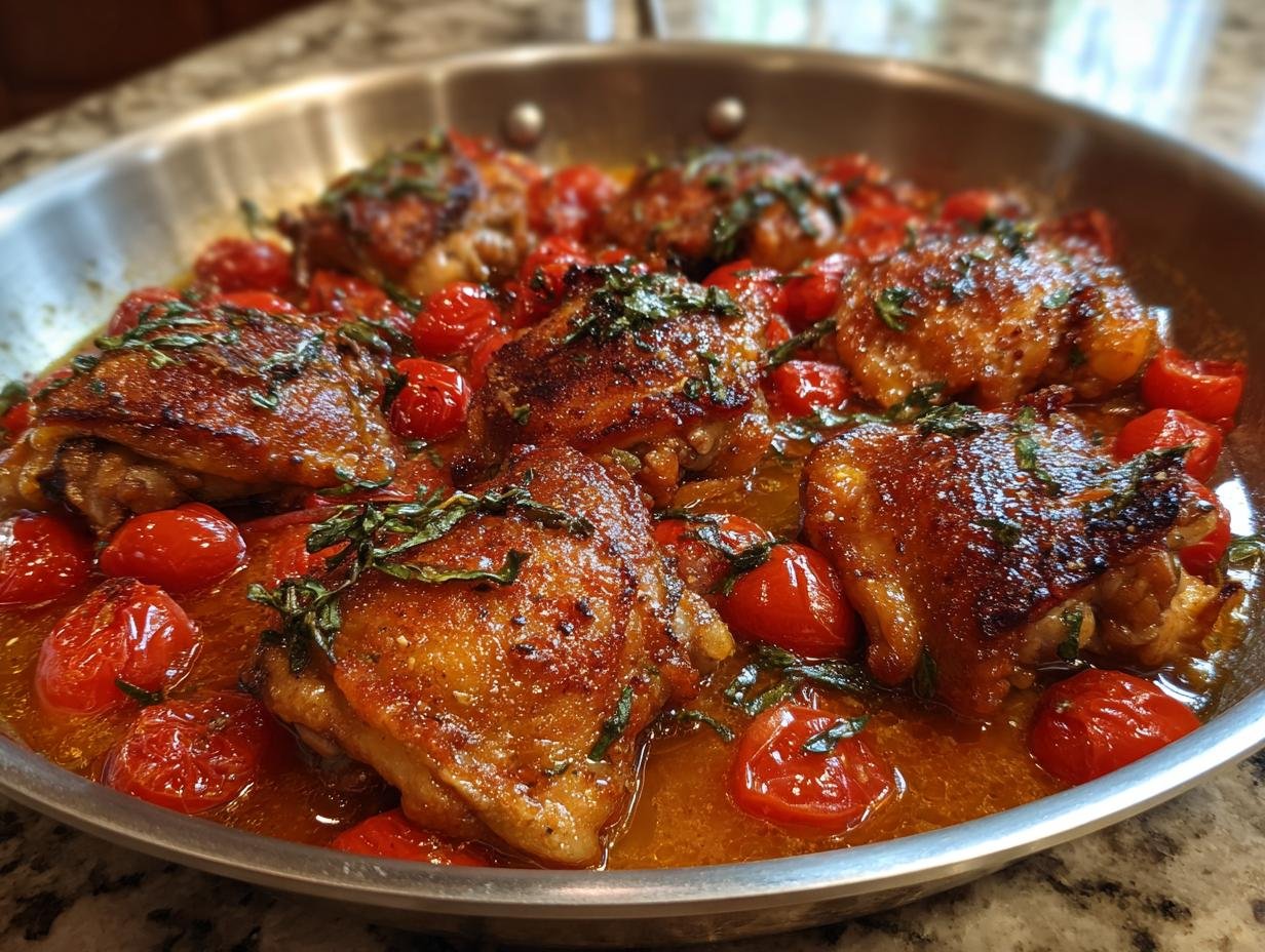 Close-up of Irresistible Skillet Chicken Thighs With Cherry Tomato Sauce, garnished with fresh basil.