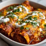 Close-up of Irresistible Smothered Burritos baked in a dish, topped with melted cheese, sour cream, and cilantro.