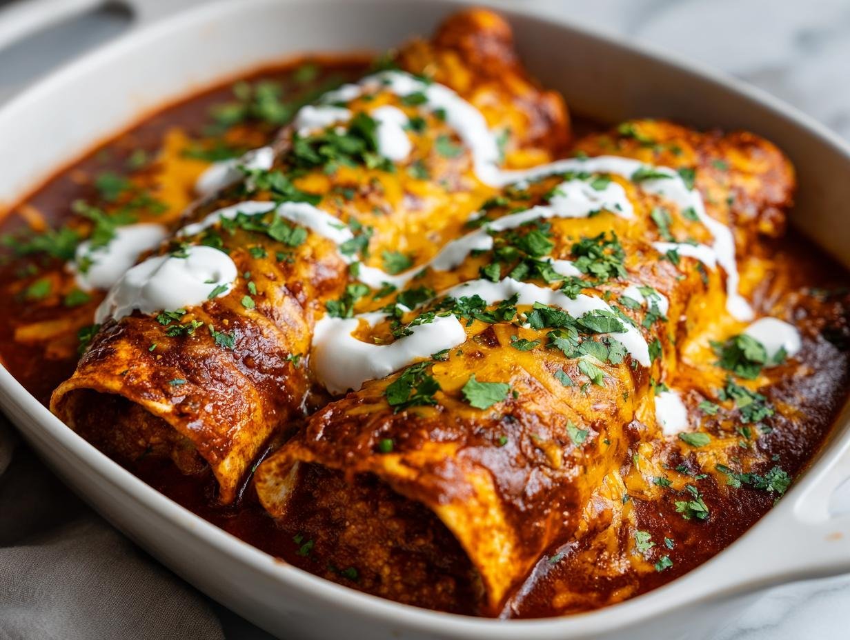 Close-up of Irresistible Smothered Burritos baked in a dish, topped with melted cheese, sour cream, and cilantro.
