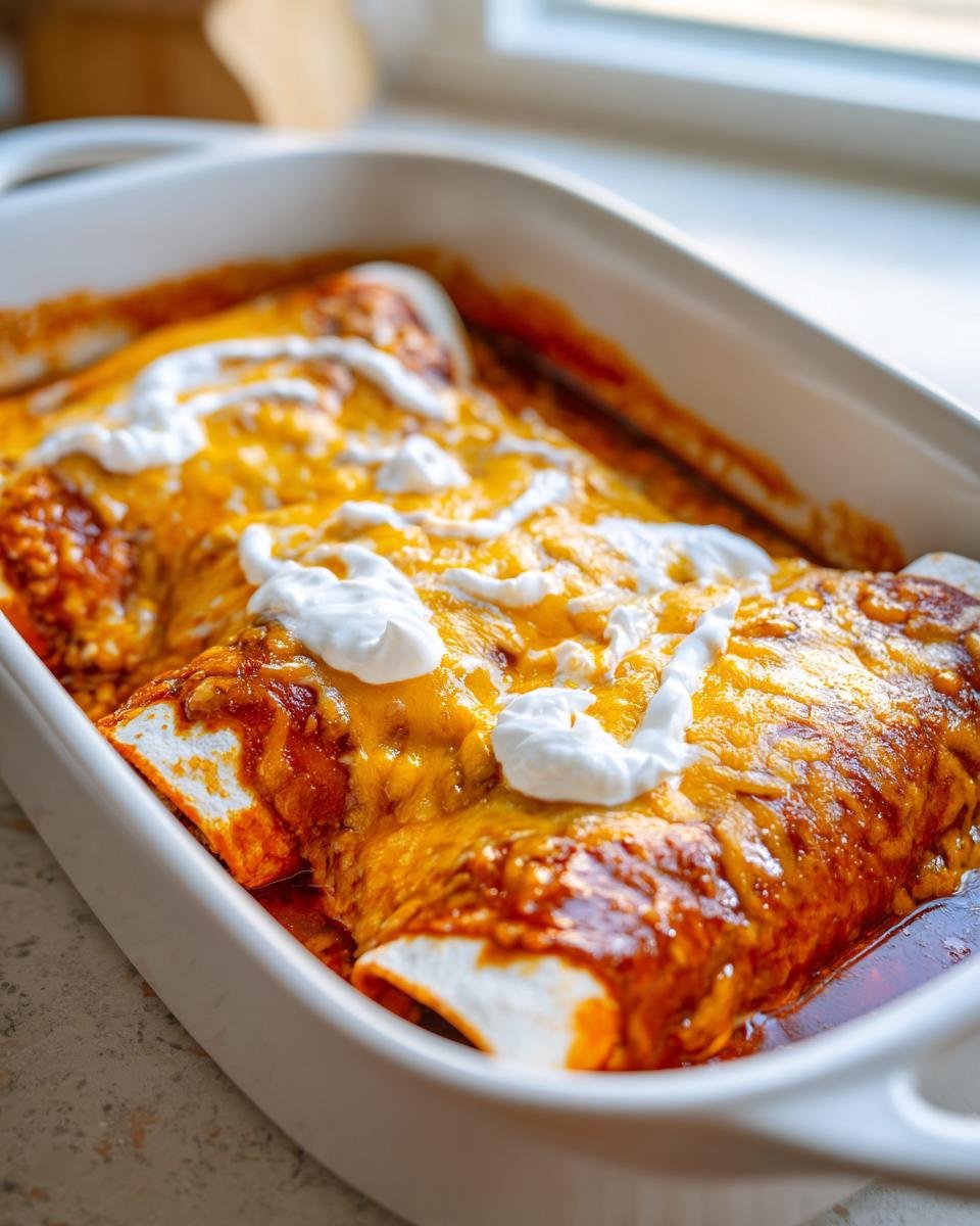 Close-up of baked, Irresistible Smothered Burritos covered in melted cheese and dollops of sour cream.