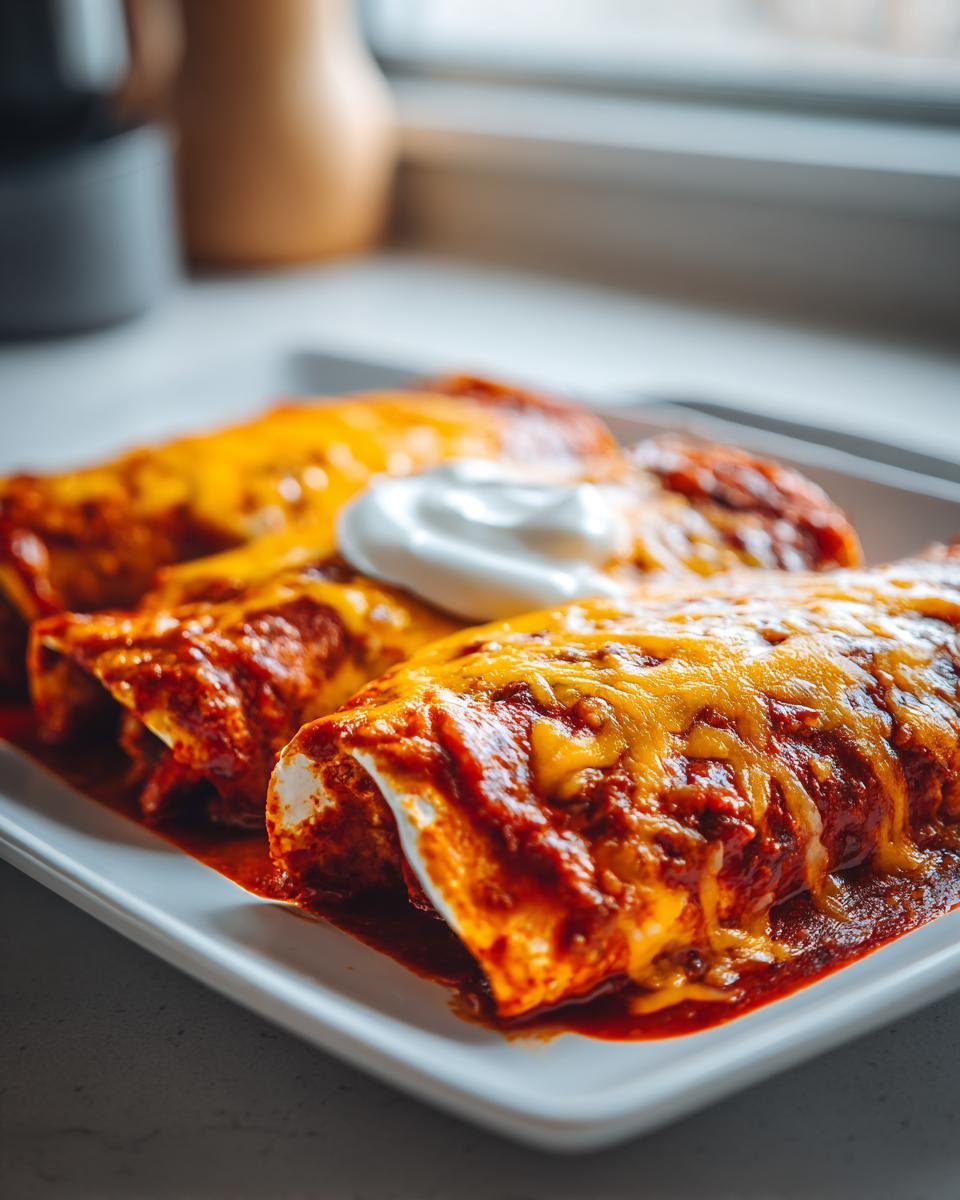Close-up of two Irresistible Smothered Burritos covered in red sauce, melted cheddar cheese, and sour cream.