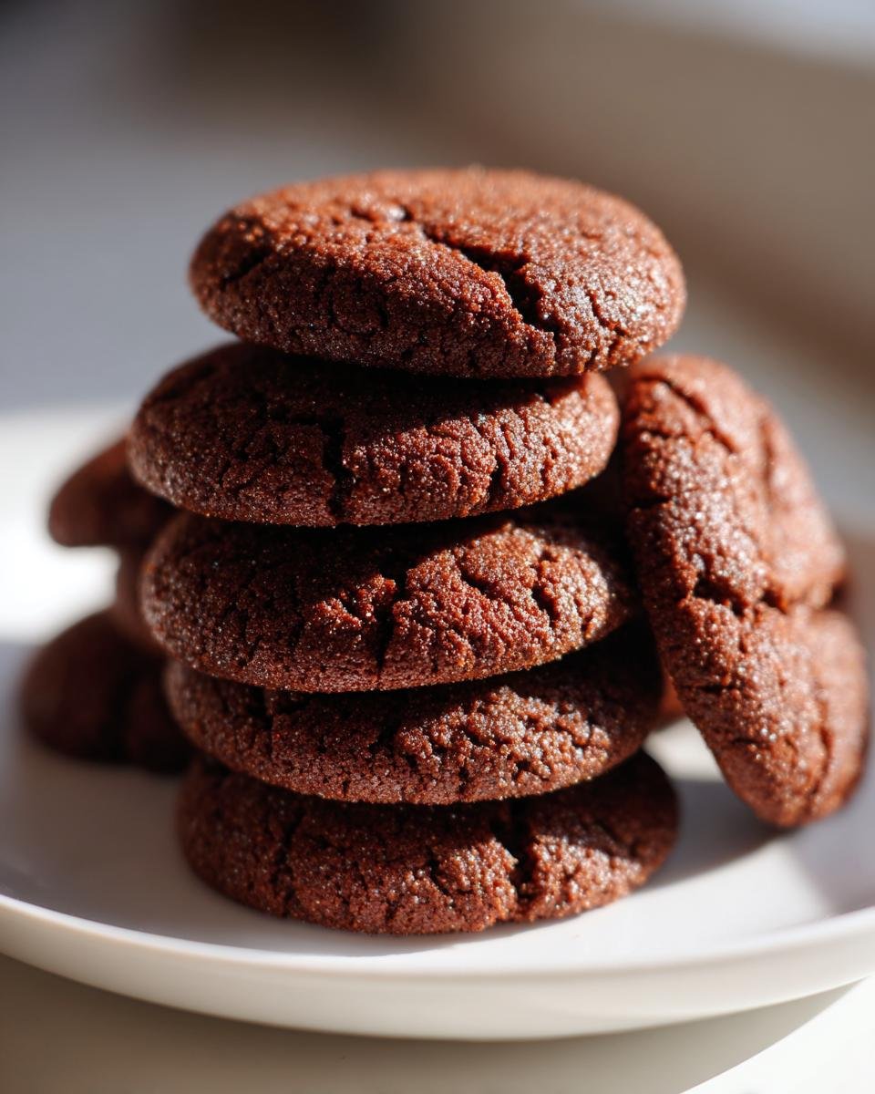 A stack of dark, rich Irresistible Soft Gingerbread Cookies resting on a white plate.