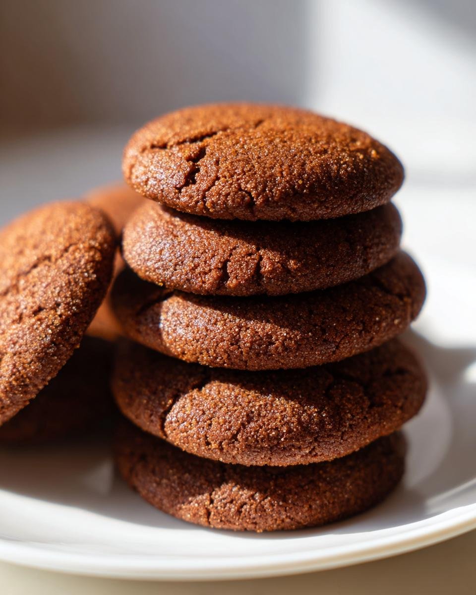A close-up stack of dark brown, soft gingerbread cookies dusted with sugar, perfect for cozy nights.
