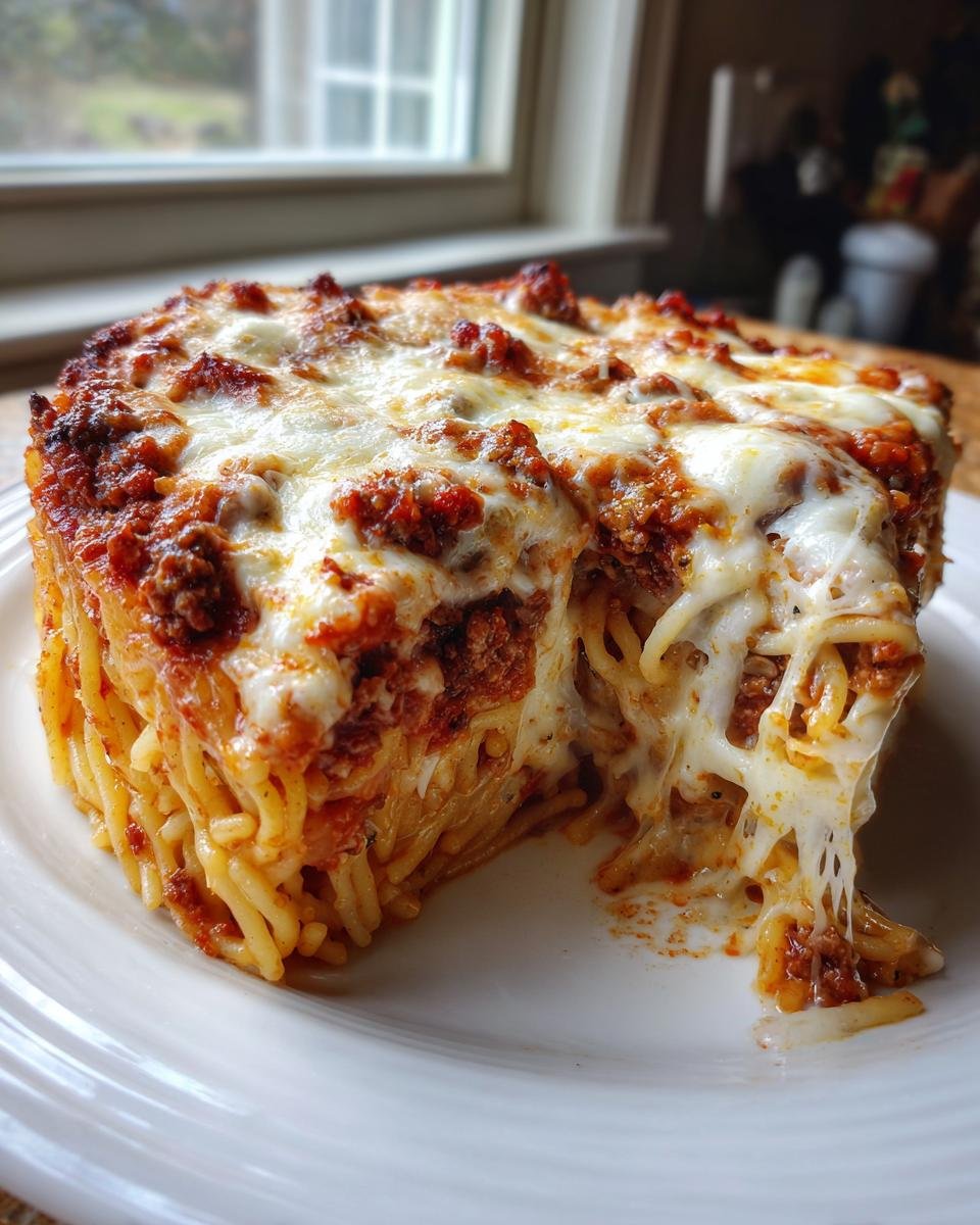 A slice of Irresistible Spaghetti Pie Comfort Food Delight showing melted, stretchy cheese and rich meat sauce over baked spaghetti.