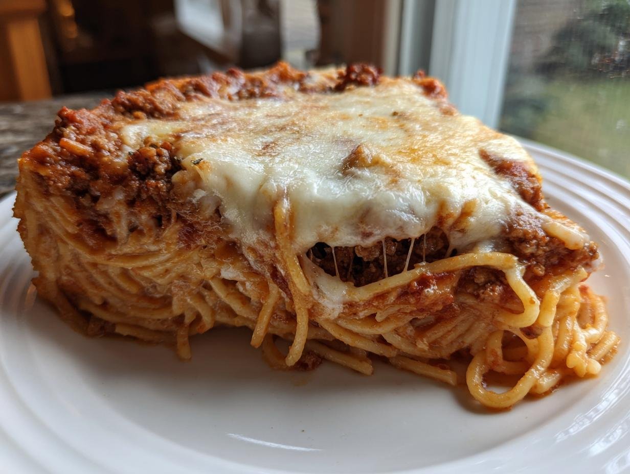 A thick slice of Irresistible Spaghetti Pie Comfort Food Delight topped with melted cheese and meat sauce.