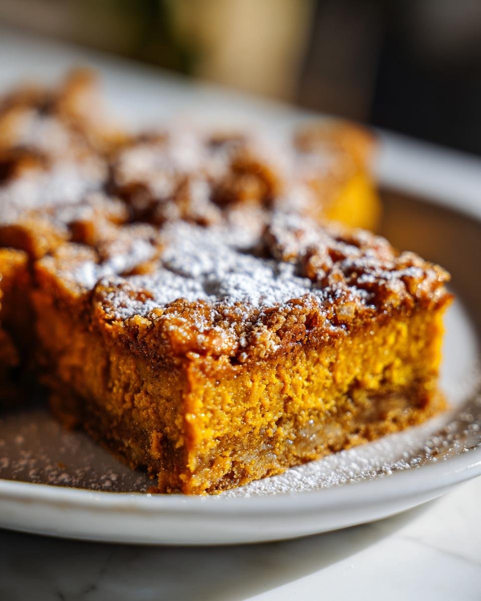 Close-up of a thick, bright orange slice of Irresistible Spiced Pumpkin Pretzel Bars dusted with powdered sugar.