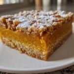 Close-up of a single serving of Irresistible Spiced Pumpkin Pretzel Bars, dusted with powdered sugar.