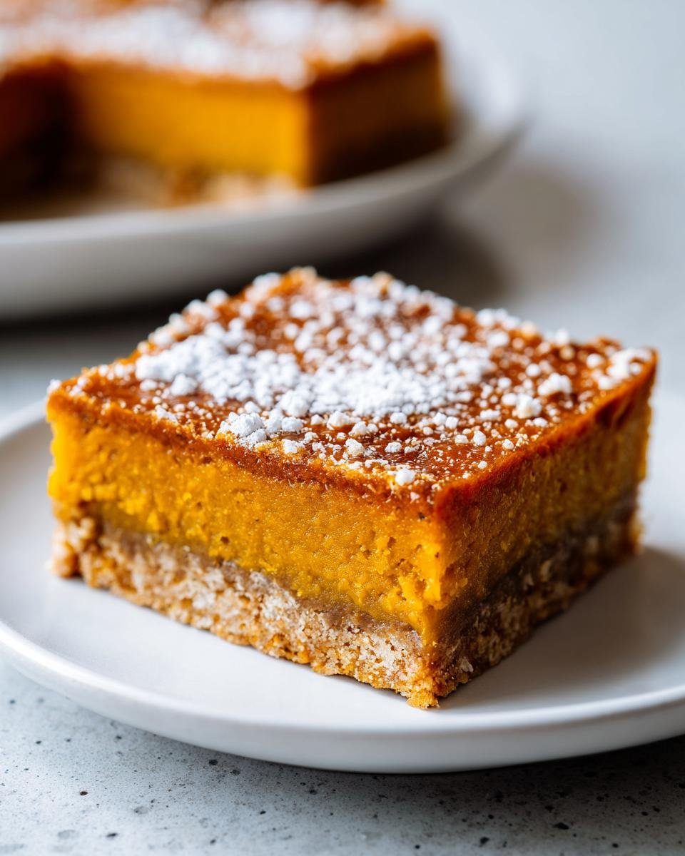 Close-up of a square slice of Irresistible Spiced Pumpkin Pretzel Bars with a thick orange filling and pretzel crust, dusted with powdered sugar.