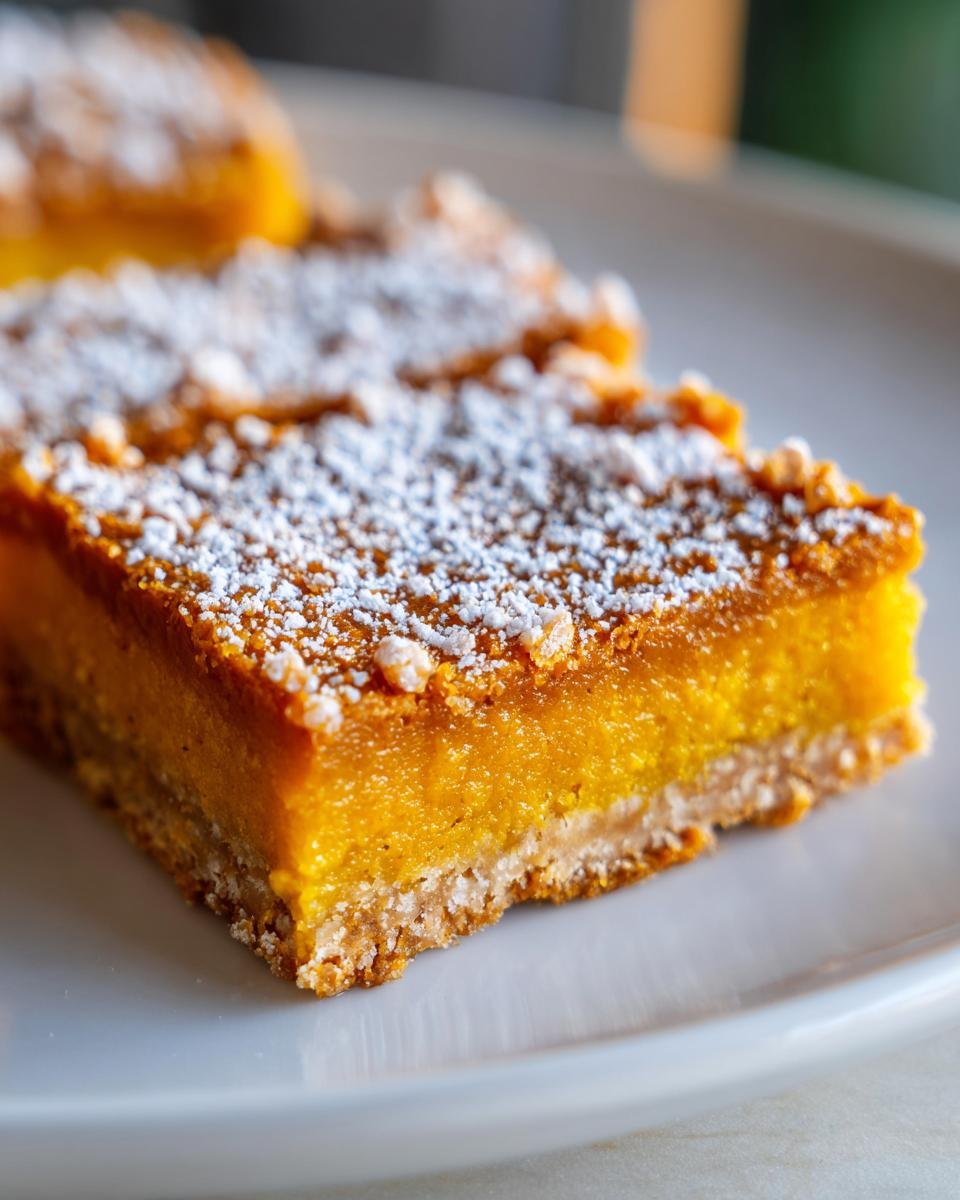 A close-up of a slice of Irresistible Spiced Pumpkin Pretzel Bars, showing the thick orange filling and pretzel crust, dusted with powdered sugar.