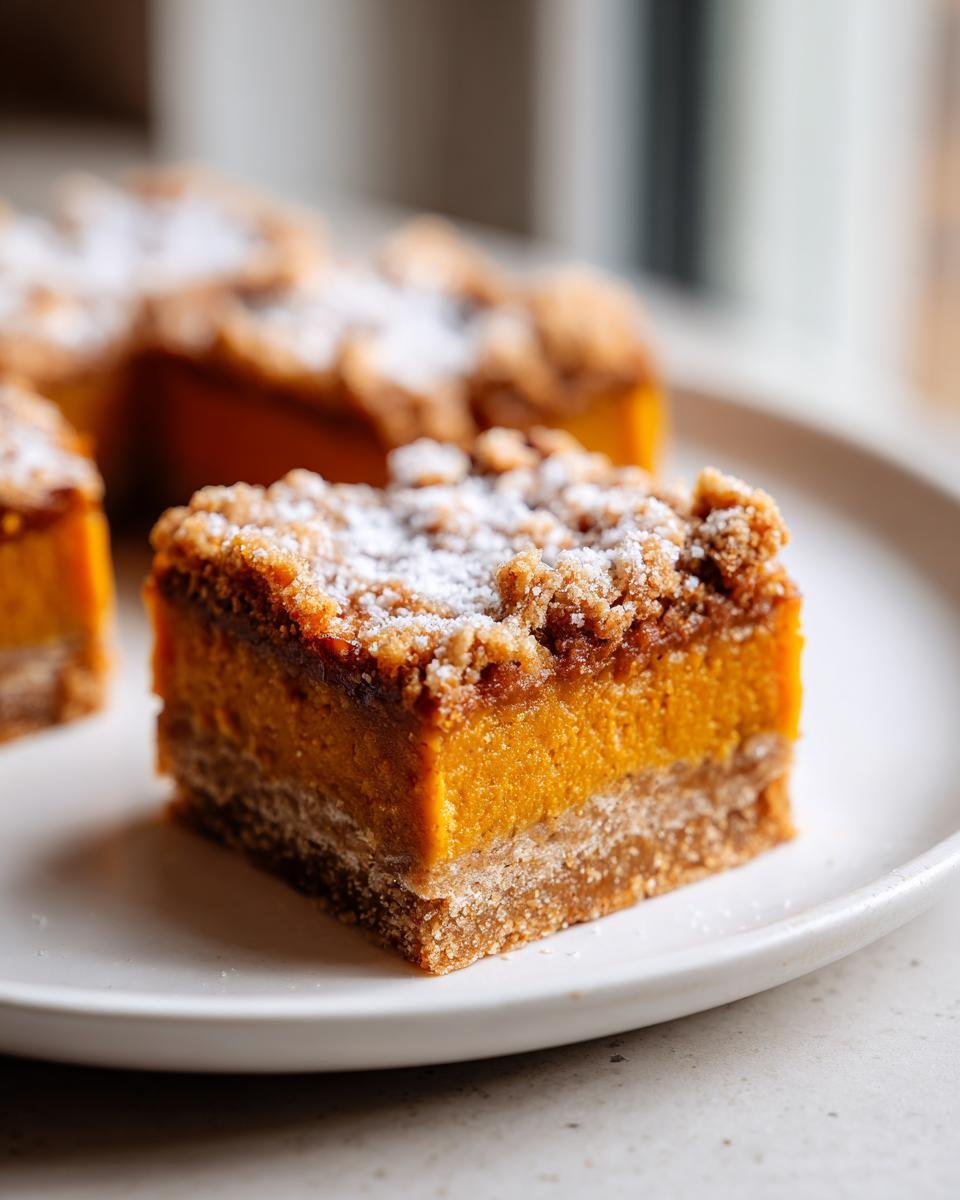 Close-up of a square serving of Irresistible Spiced Pumpkin Pretzel Bars with a thick orange filling and crumb topping dusted with powdered sugar.