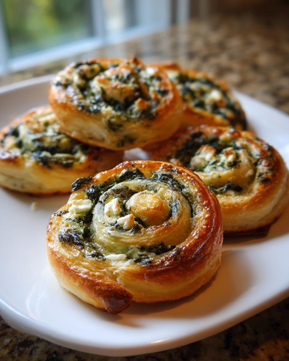 Close-up of golden-brown Irresistible Spinach Feta Pastry Pinwheels stacked on a white plate.