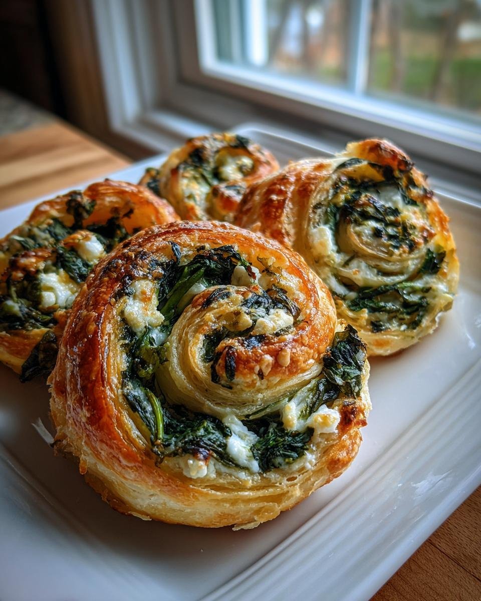 Four golden-brown Irresistible Spinach Feta Pastry Pinwheels served on a white rectangular plate.