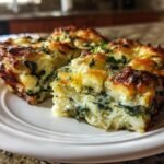 Close-up of golden brown, cheesy slices of Irresistible Spinach Gruyere Tater Tot Hotdish on a white plate.