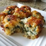 Close-up of baked portions of Irresistible Spinach Gruyere Tater Tot Hotdish showing a cheesy, creamy spinach filling.