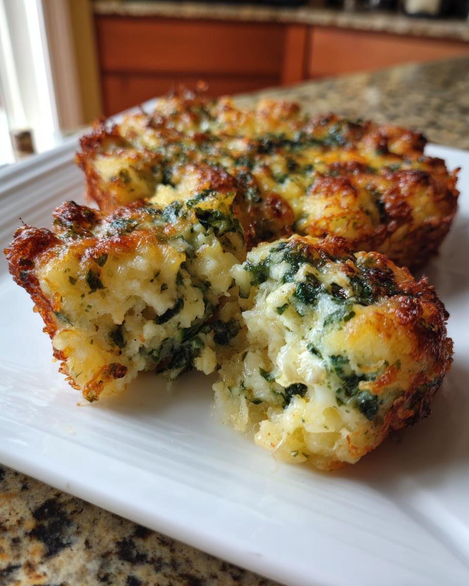 A portion of Irresistible Spinach Gruyere Tater Tot Hotdish, showing a creamy interior with spinach and a crispy, cheesy top.