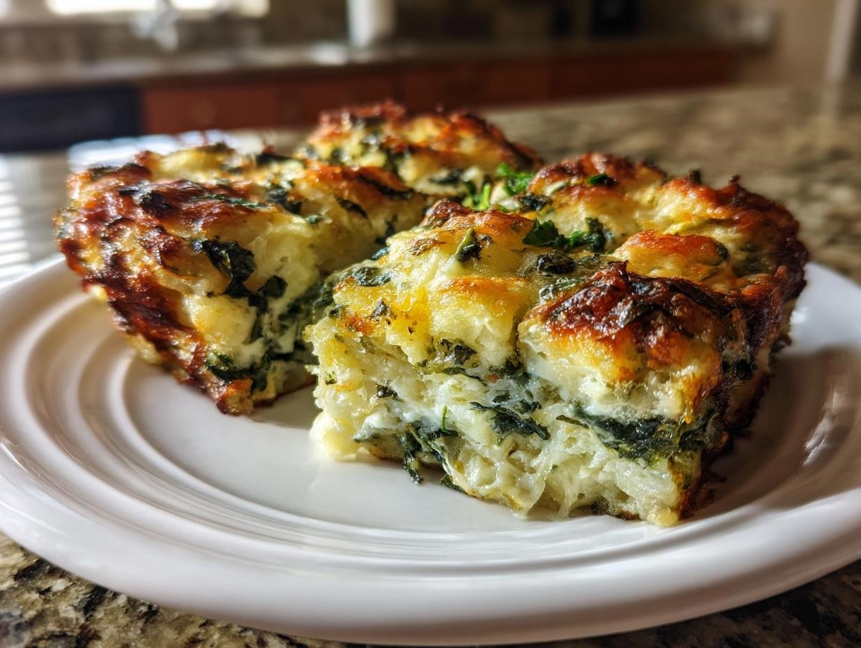 Close-up of golden brown, cheesy slices of Irresistible Spinach Gruyere Tater Tot Hotdish on a white plate.