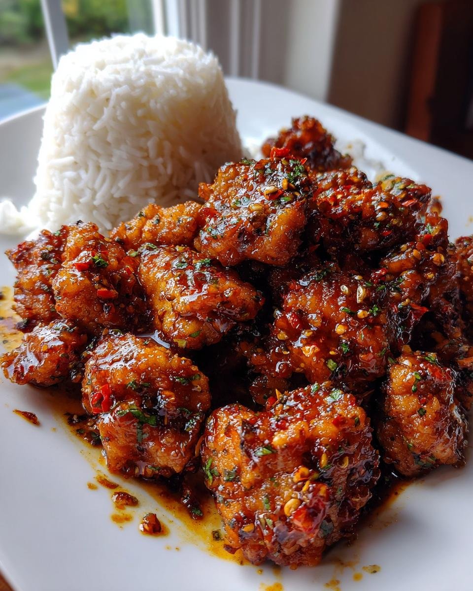 Close-up of Irresistible Sweet And Spicy Thai Chicken Recipe Delight pieces coated in a glossy, chili-flecked sauce, served next to a mound of white rice.