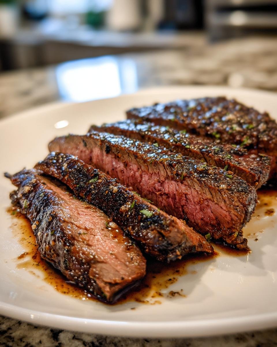 Close-up of medium-rare, sliced Irresistible Tender Grilled Marinated Flank Steak resting in its juices on a white plate.