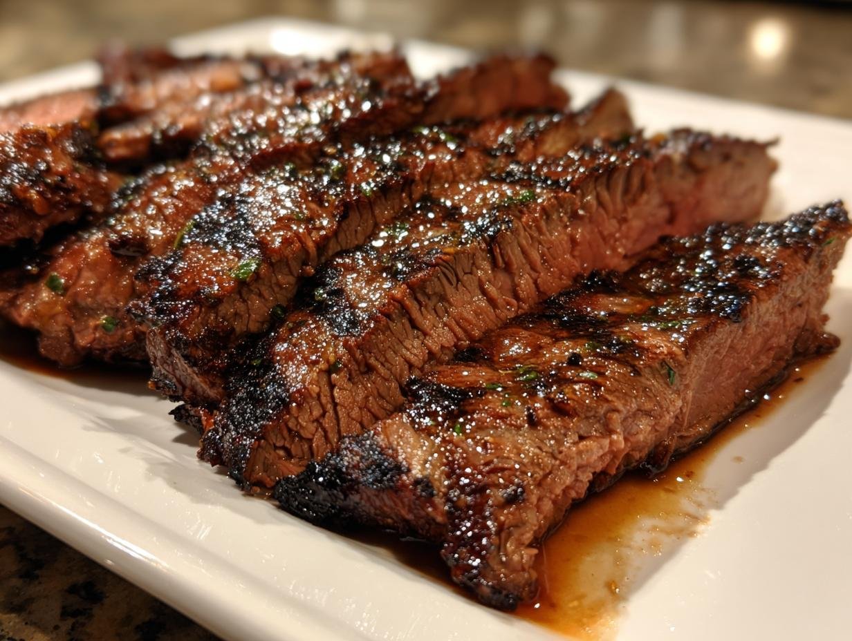 Close-up of juicy, sliced Irresistible Tender Grilled Marinated Flank Steak resting on a white platter.