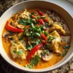 A close-up of Irresistible Thai Coconut Curry Dumpling Soup, featuring dumplings, mushrooms, red peppers, and fresh cilantro.