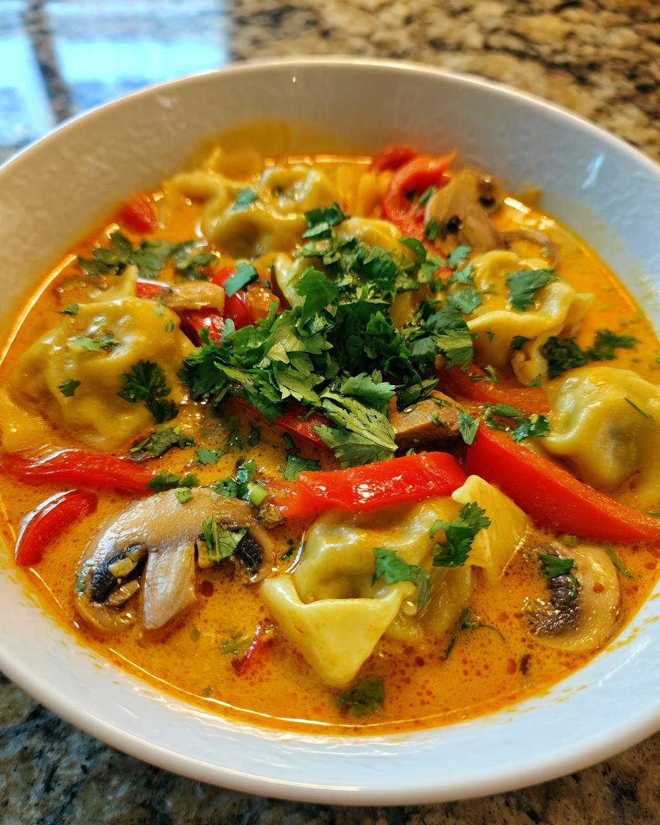 A close-up of Irresistible Thai Coconut Curry Dumpling Soup featuring tortellini-style dumplings, sliced mushrooms, red peppers, and fresh cilantro.