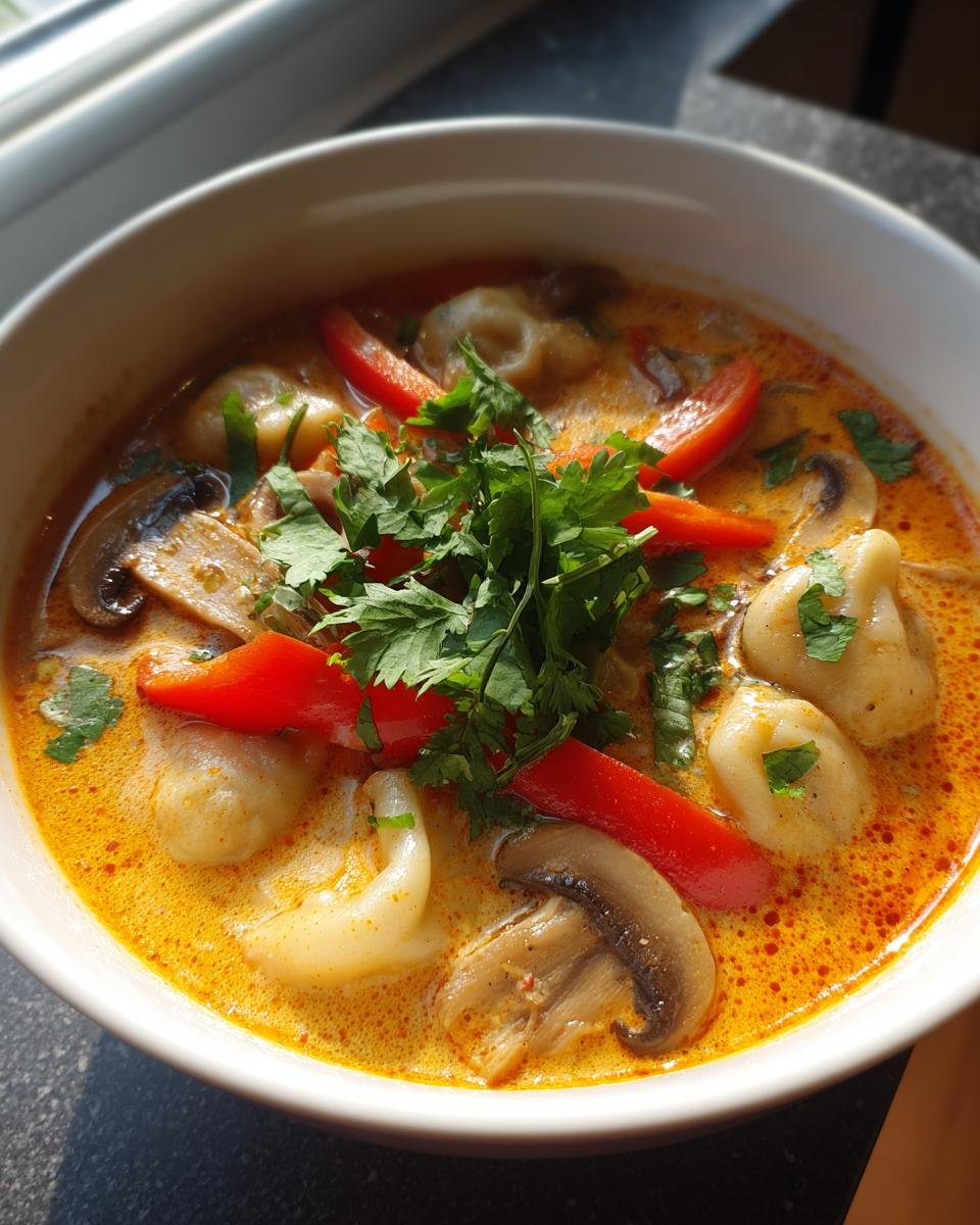 Close-up of Irresistible Thai Coconut Curry Dumpling Soup with dumplings, mushrooms, red peppers, and cilantro.