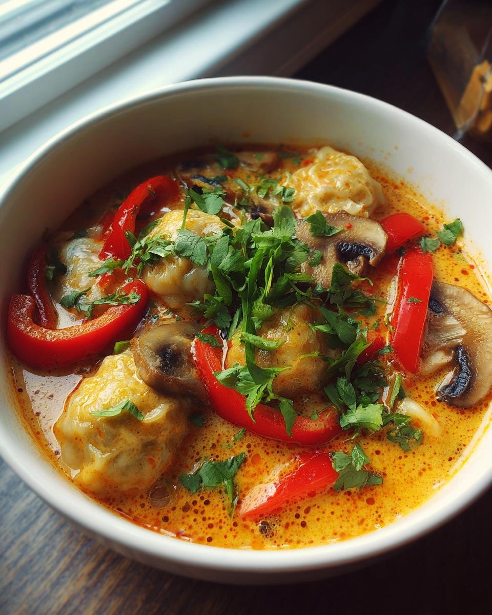 Close-up of Irresistible Thai Coconut Curry Dumpling Soup with dumplings, red peppers, mushrooms, and cilantro.