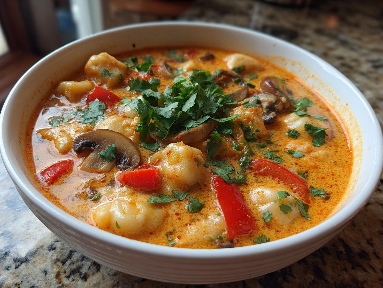 A close-up of Irresistible Thai Coconut Curry Dumpling Soup featuring dumplings, mushrooms, red peppers, and cilantro.