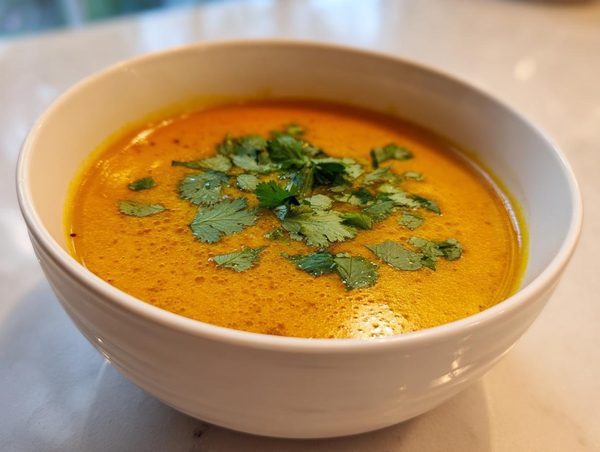 Close-up of a bowl of vibrant orange Irresistible Thai Coconut Pumpkin Soup topped with fresh cilantro.