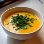 Close-up of creamy orange Irresistible Thai Coconut Pumpkin Soup topped with fresh cilantro.