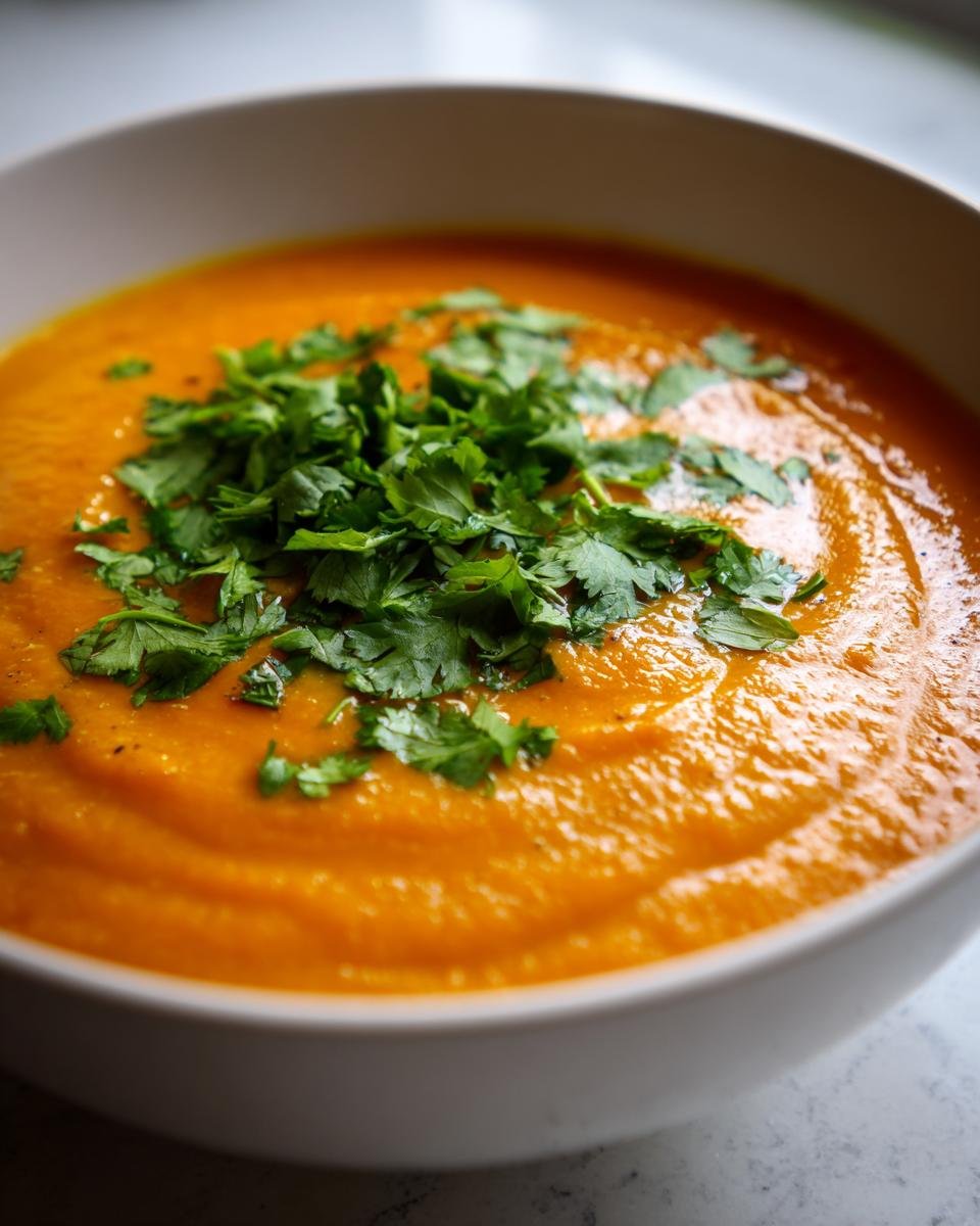 A close-up of a bowl of vibrant orange Irresistible Thai Coconut Pumpkin Soup Delight, topped with fresh cilantro.