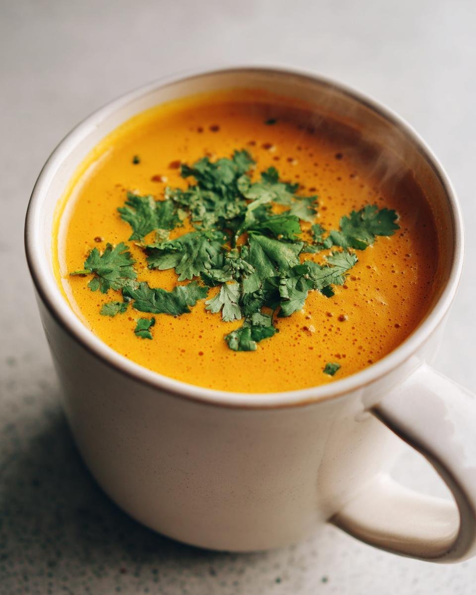 Close-up of hot, creamy orange Thai Coconut Pumpkin Soup garnished with fresh cilantro in a white mug.