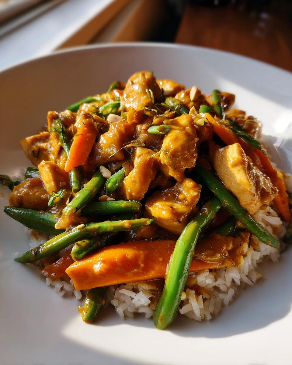 Close-up of Irresistible Thai Peanut Chicken Stir Fry with chicken, carrots, and green beans served over white rice.