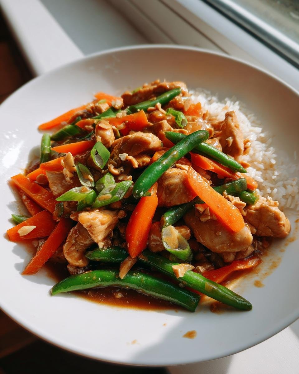 Close-up of Irresistible Thai Peanut Chicken Stir Fry with carrots and green beans served over white rice.