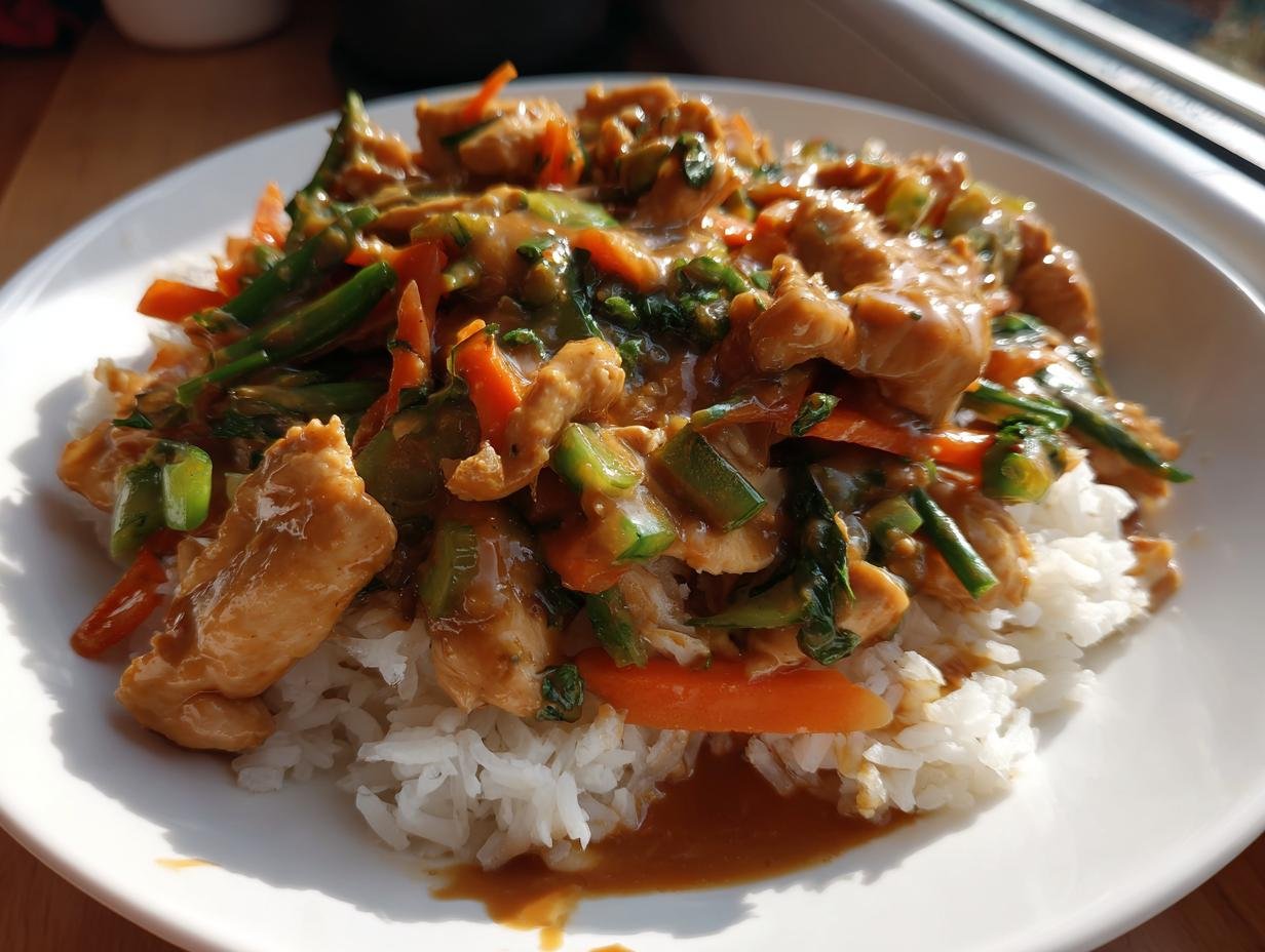 A plate of Irresistible Thai Peanut Chicken Stir Fry served over fluffy white rice, featuring chicken pieces and colorful vegetables.