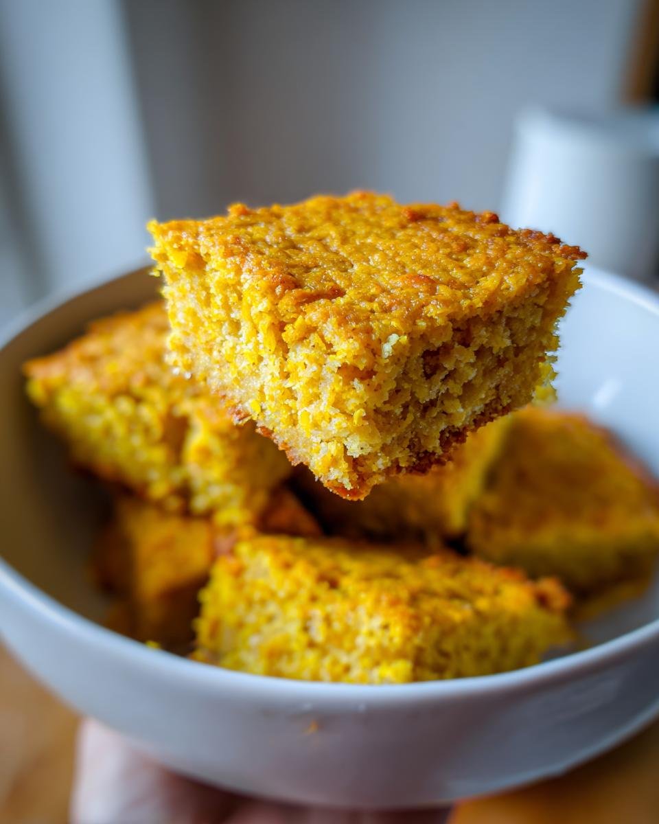 A square piece of bright yellow Irresistible Turmeric Coconut Oat Bake being lifted from a white bowl filled with more pieces.