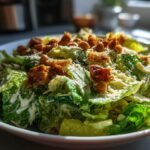 Close-up of an Irresistible Vegan Caesar Salad featuring romaine lettuce, creamy dressing, croutons, and roasted chickpeas.