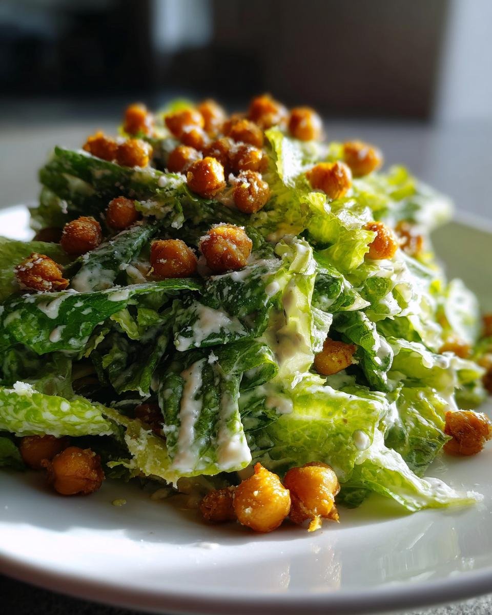 A close-up of an Irresistible Vegan Caesar Salad featuring crisp romaine lettuce, creamy dressing, and crispy roasted chickpeas.