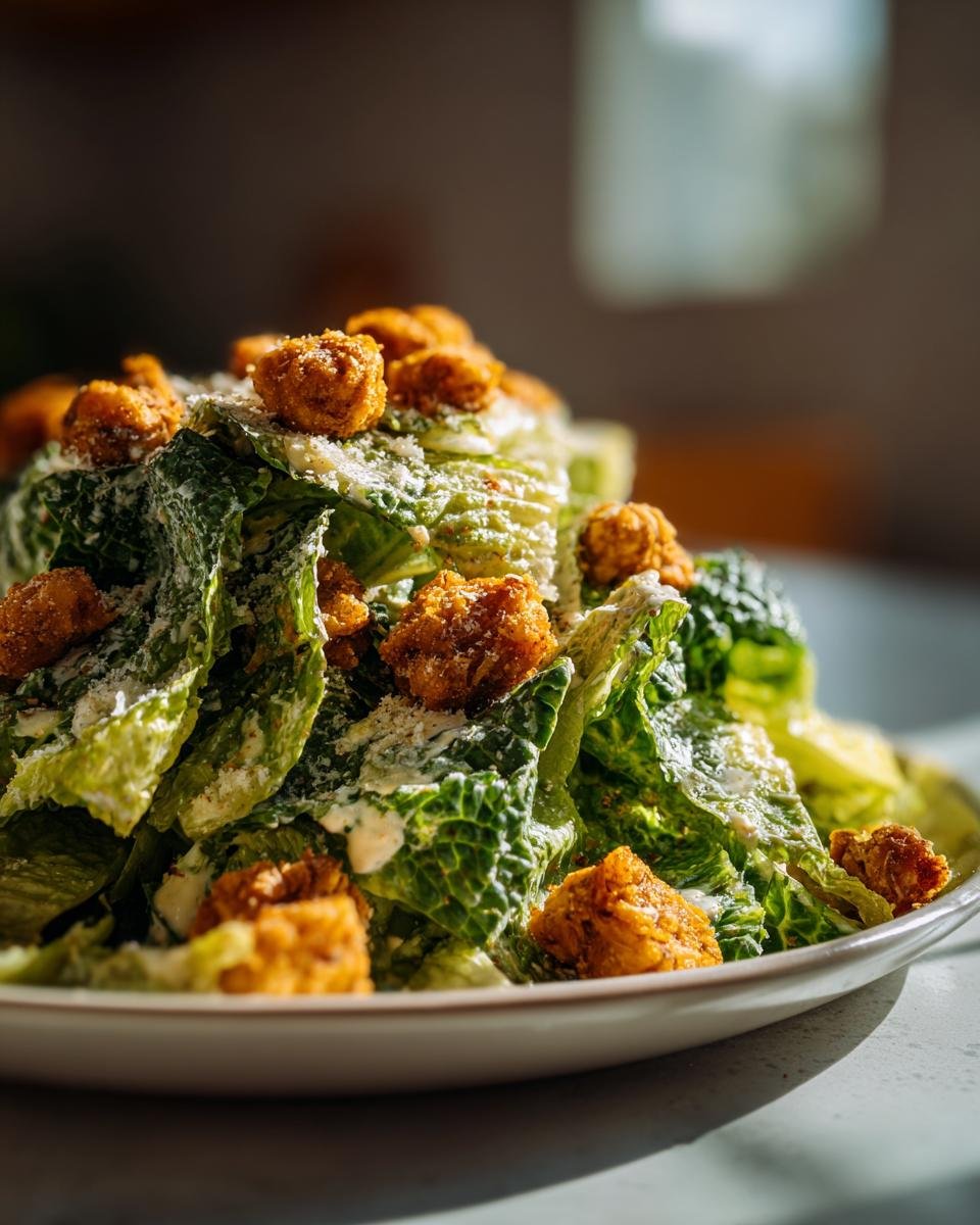 A close-up of an Irresistible Vegan Caesar Salad featuring crisp romaine, creamy dressing, and crispy chickpea croutons.