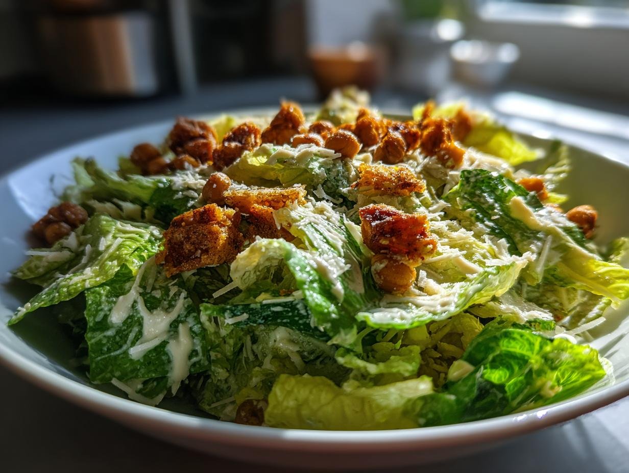 Close-up of an Irresistible Vegan Caesar Salad featuring romaine lettuce, creamy dressing, croutons, and roasted chickpeas.