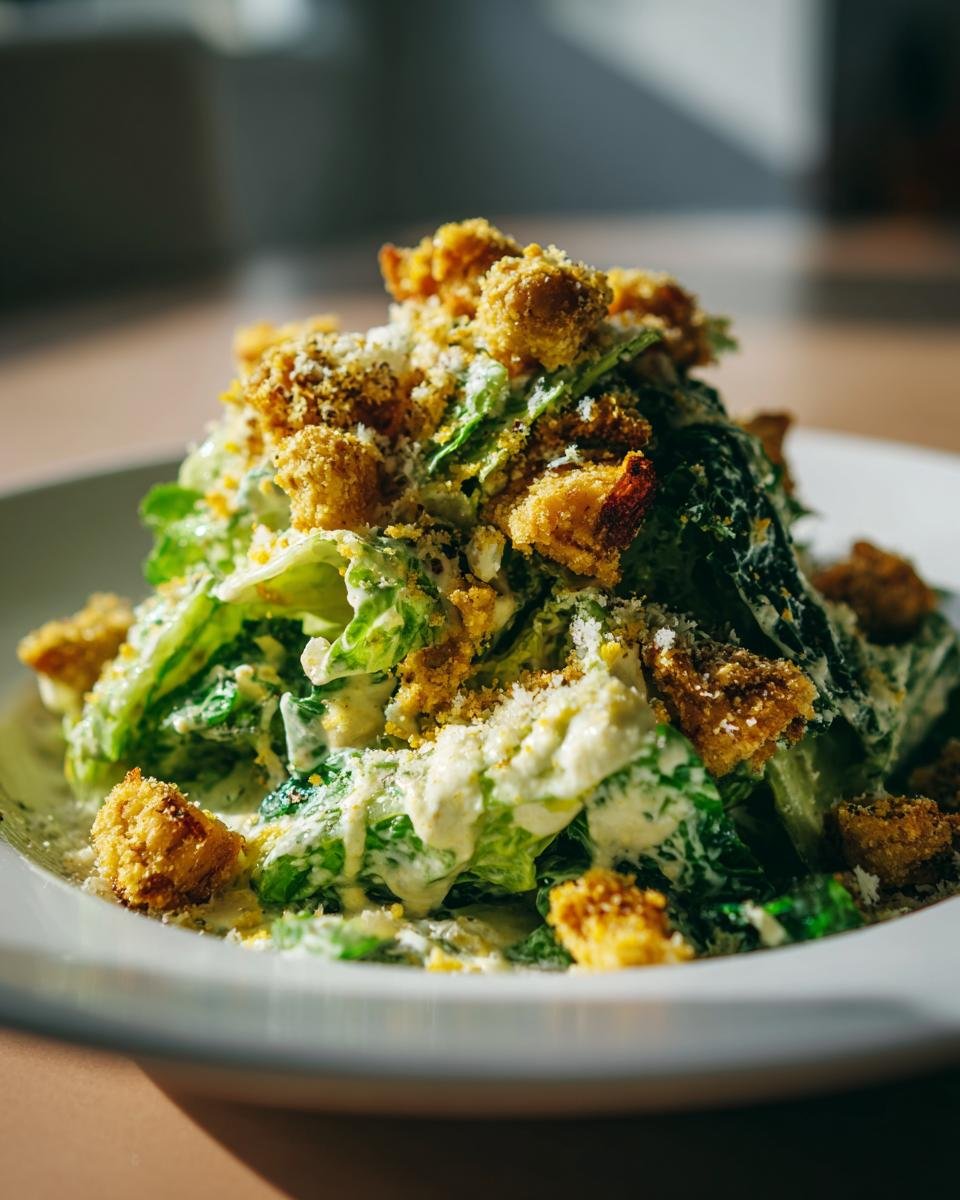 A close-up of a mound of Irresistible Vegan Caesar Salad featuring crisp romaine, creamy dressing, and seasoned roasted chickpeas.