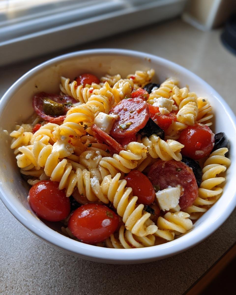 A white bowl filled with Irresistible Italian Grinder Pasta Salad featuring rotini, salami, cherry tomatoes, and cheese.